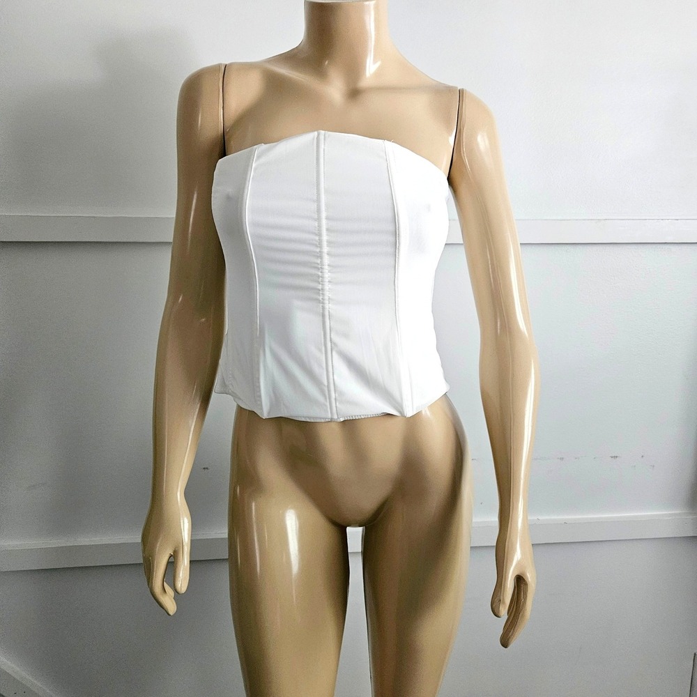 White Strapless Corset Top Lace Up Back Boned Bustier Bodice White S